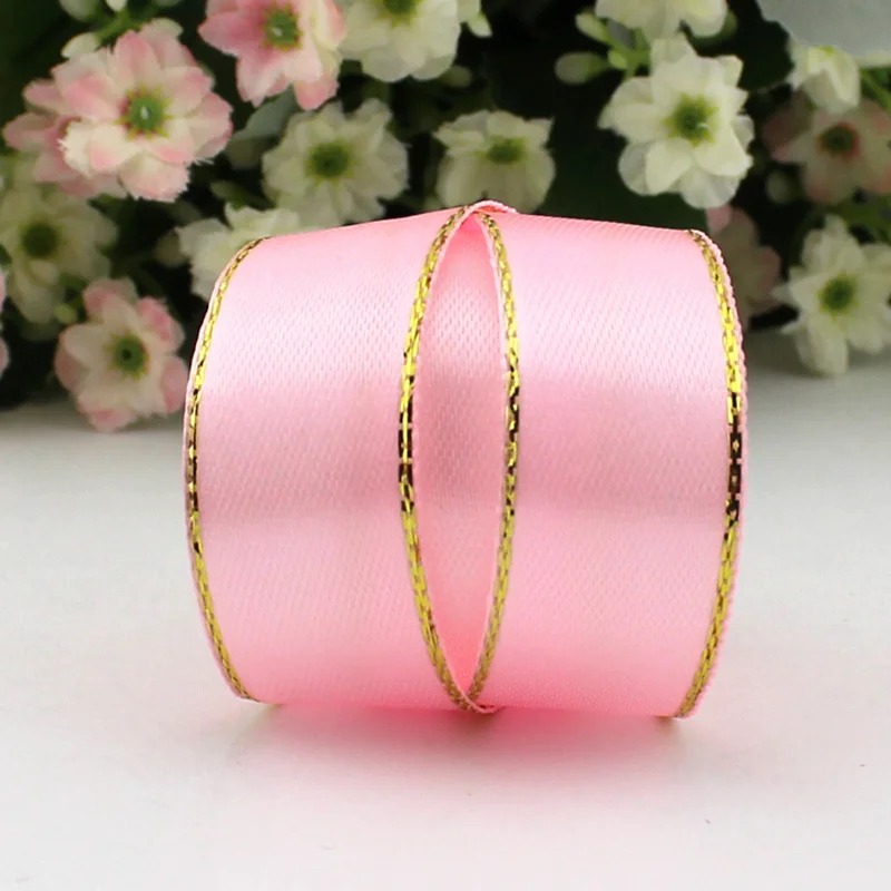 (25 Yards/roll) 20mm White Satin Ribbon Gold Edge Wholesale High Quality Gift Packaging Handmade DIY Ribbon Roll