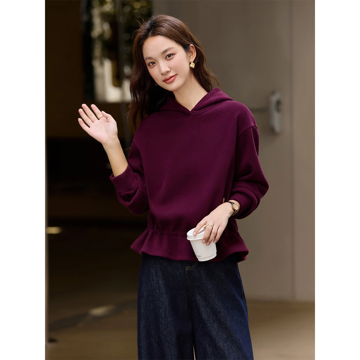 VIMLY Women Vintage Red Hooded Fleece Lined Sweatshirt 2026 Fall Loose-fit Warm Drawstring Waist Long Sleeve Top Female A3552