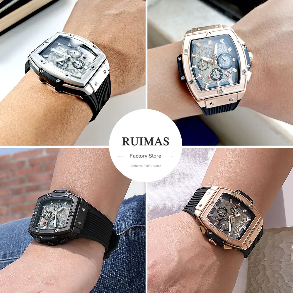 RUIMAS Tonneau Dial Chronograph Quartz Watches for Men Fashion Sport Waterproof Wristwatch with Silicone Strap Date 24-hour 333