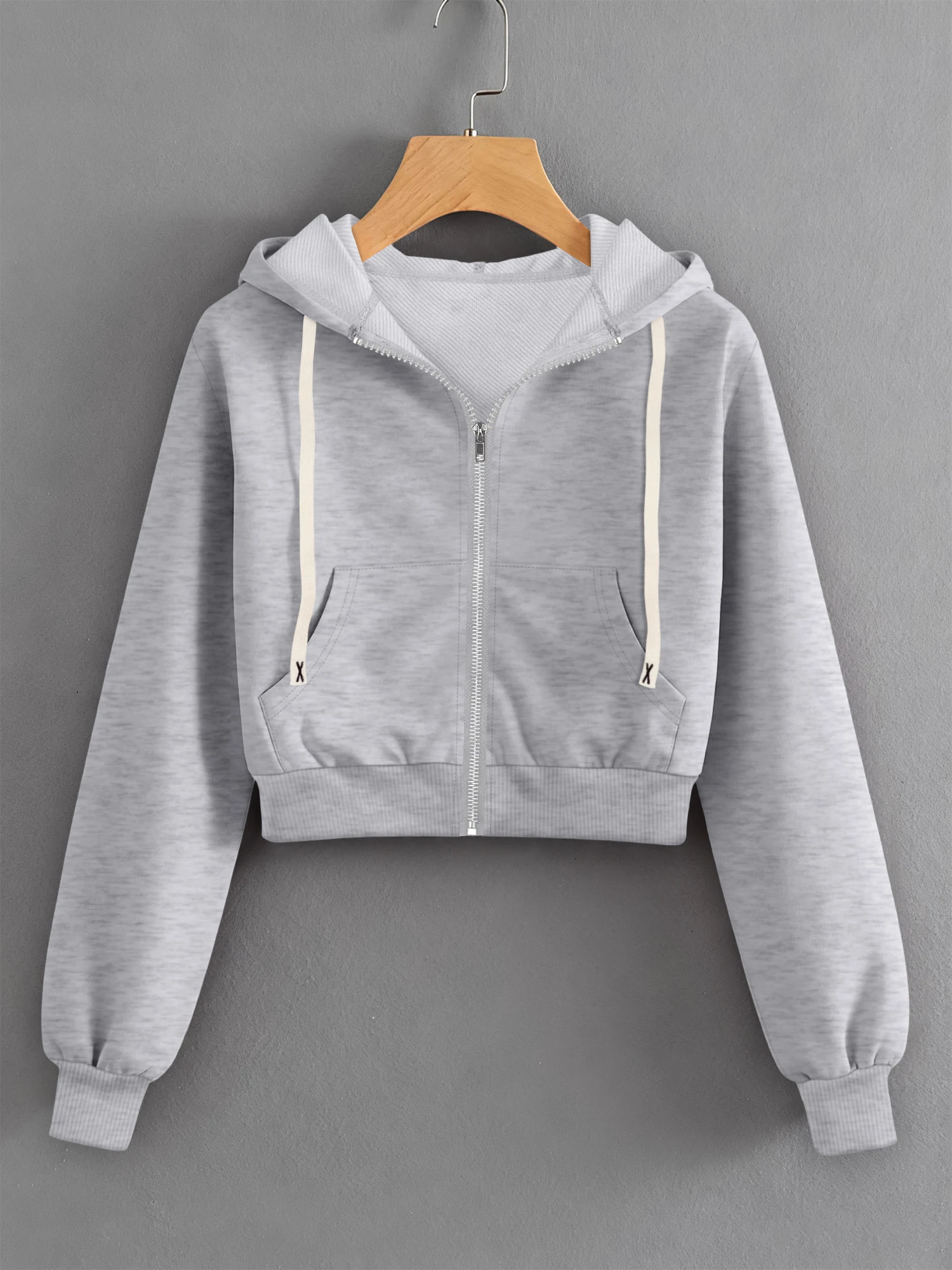 Damen Einfarbiger Cropped Zip-Up Hoodie Lässiger Langarm-Kapuzenpullover mit Tasche Streetwear Basic Kapuzen-Sweatshirt