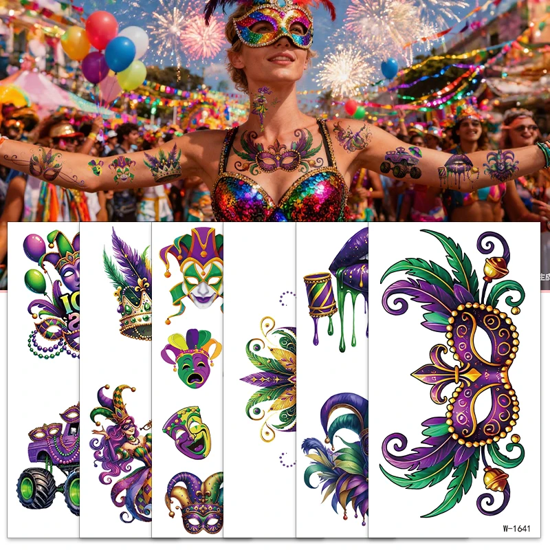 

6pcs Carnival Temporary Tattoo Sticker Jester Crown Mask Waterproof Tattoo Sticker For Women Men Body Art Fake Tattoo