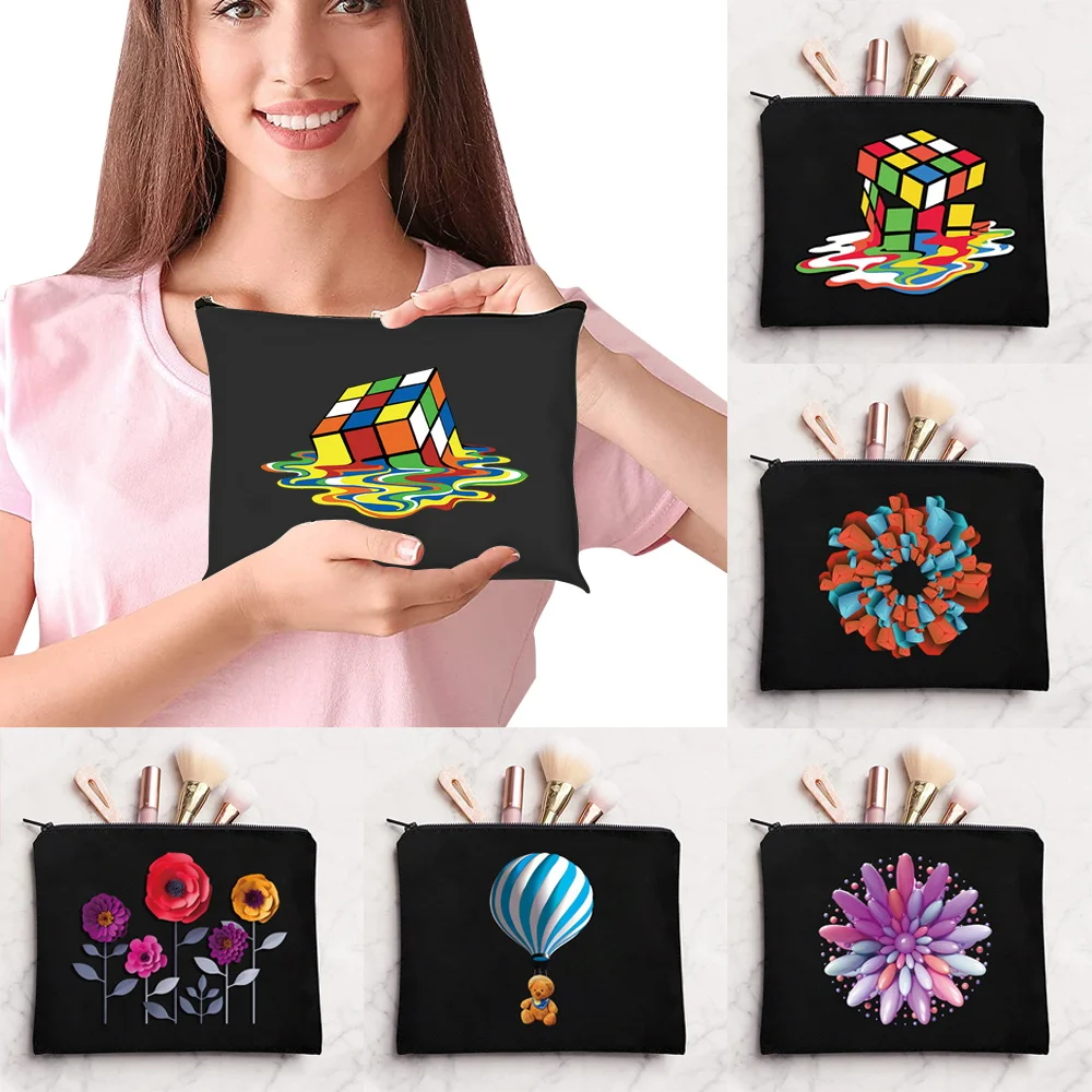New Nice Textured Black Flat Canvas Zip Clutch 3D Print Fashion Makeup Bag for Different Small Personal Gadgets Daily Shopping