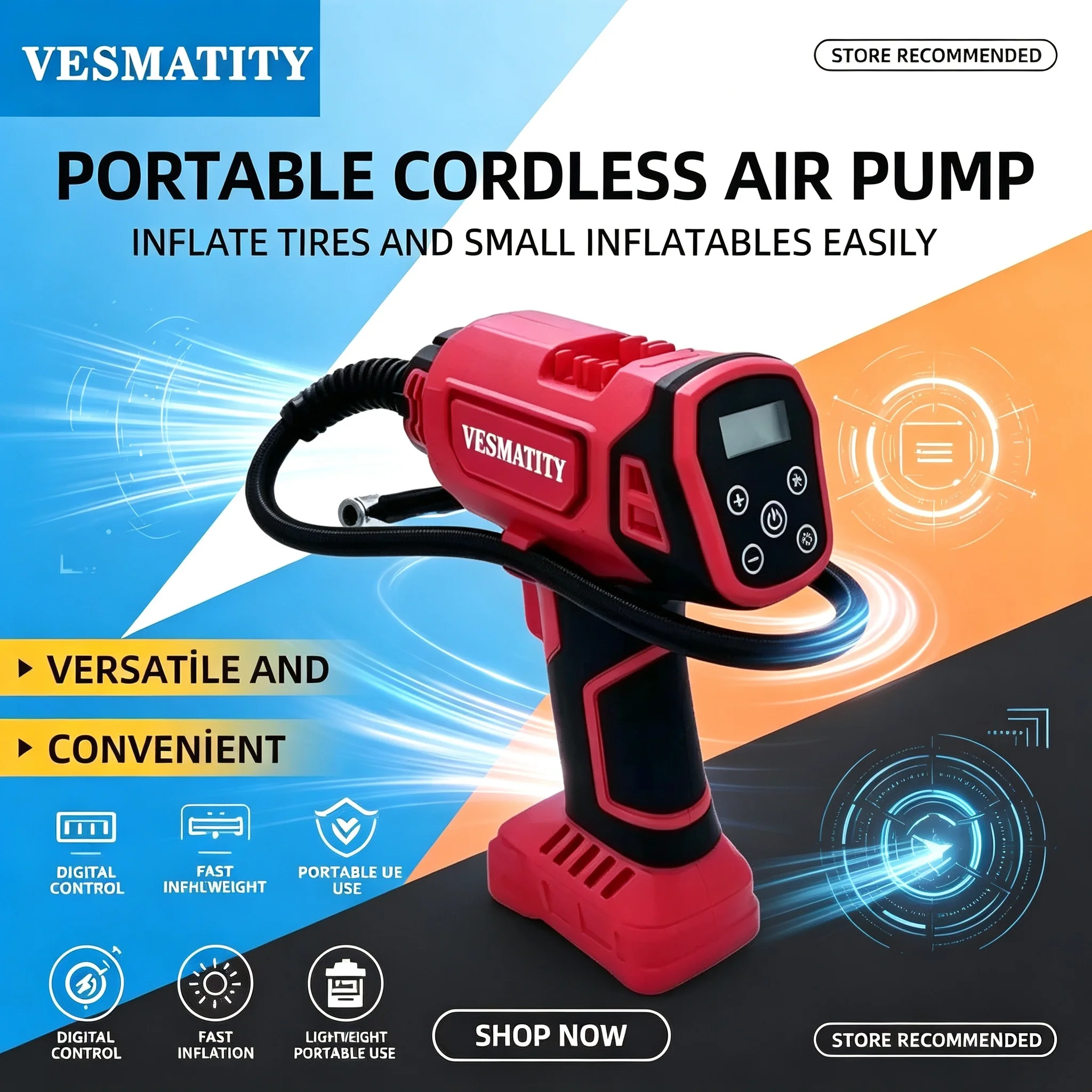 18V Cordless Automatic Air Pump Car Tire Inflator Electric Handheld Air Compressor Rechargeable Digital LED 150PSI Fast Inflate