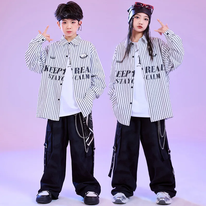 Kid Hip Hop Clothing White Striped Shirt Top Black Casual Strap Tie Dye Cargo Pants for Girl Boy Jazz Dance Wear Costume Clothes