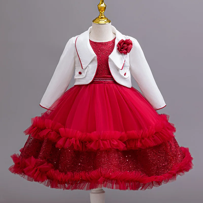 HETISO Girls Dress Set Spring Autumn Sequined Tutu Children Party Gown Cute Princess Dresses + Coat Outfits 2 Suit 5-10 Years