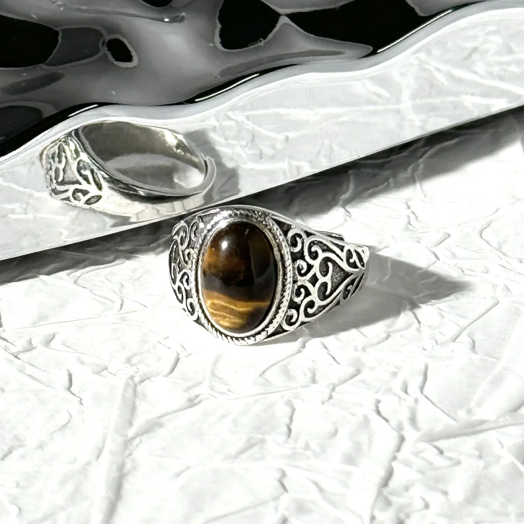 Heart Sound Tiger Eye Stone Live Mouth Men's Ring, Vintage Style Gift, Open End Ring