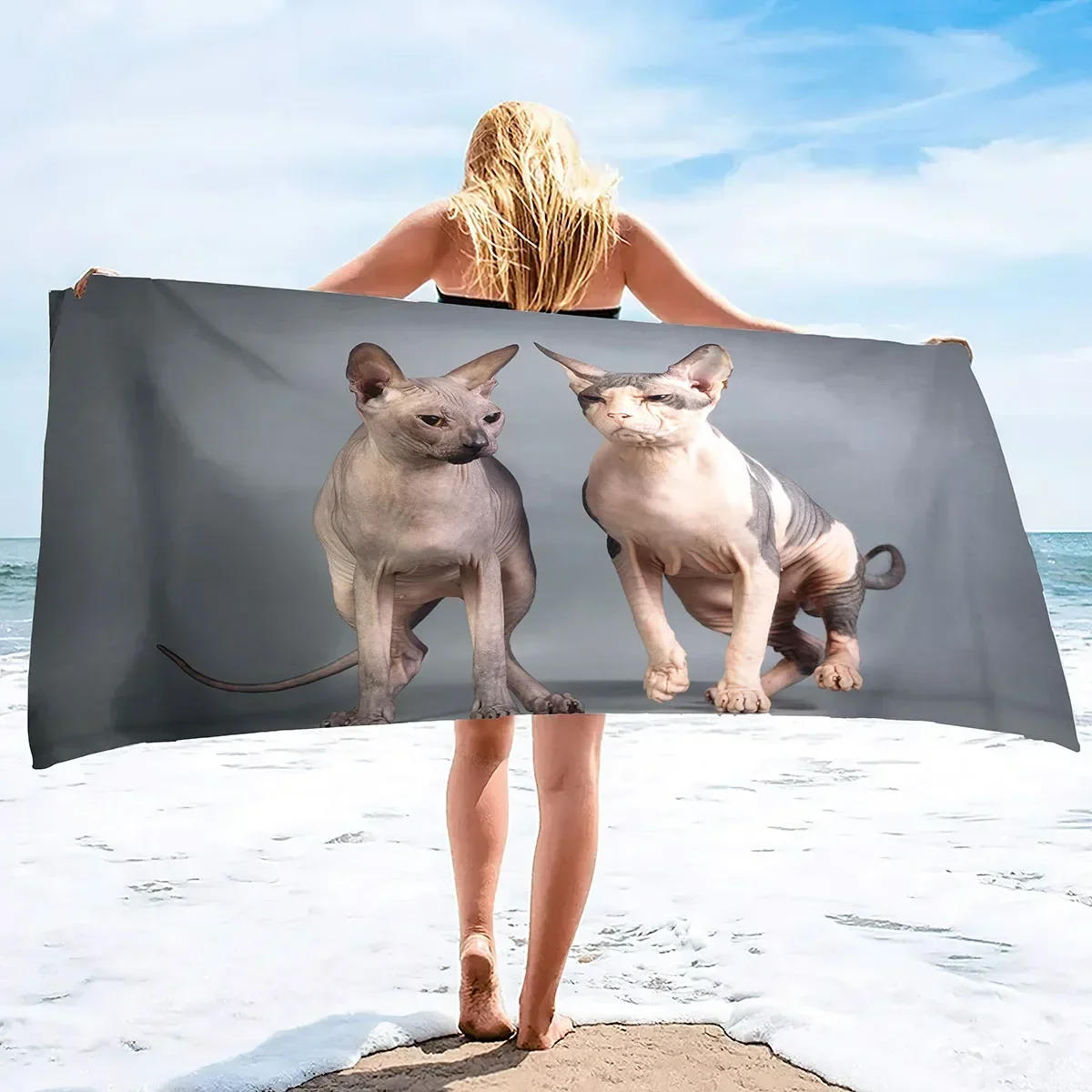 Adult Oversized Beach Towel Sphynx Cat Sand Proof Microfiber Woman Quick Dry Lightweight Travel  for Pet Lovers 70X140cm