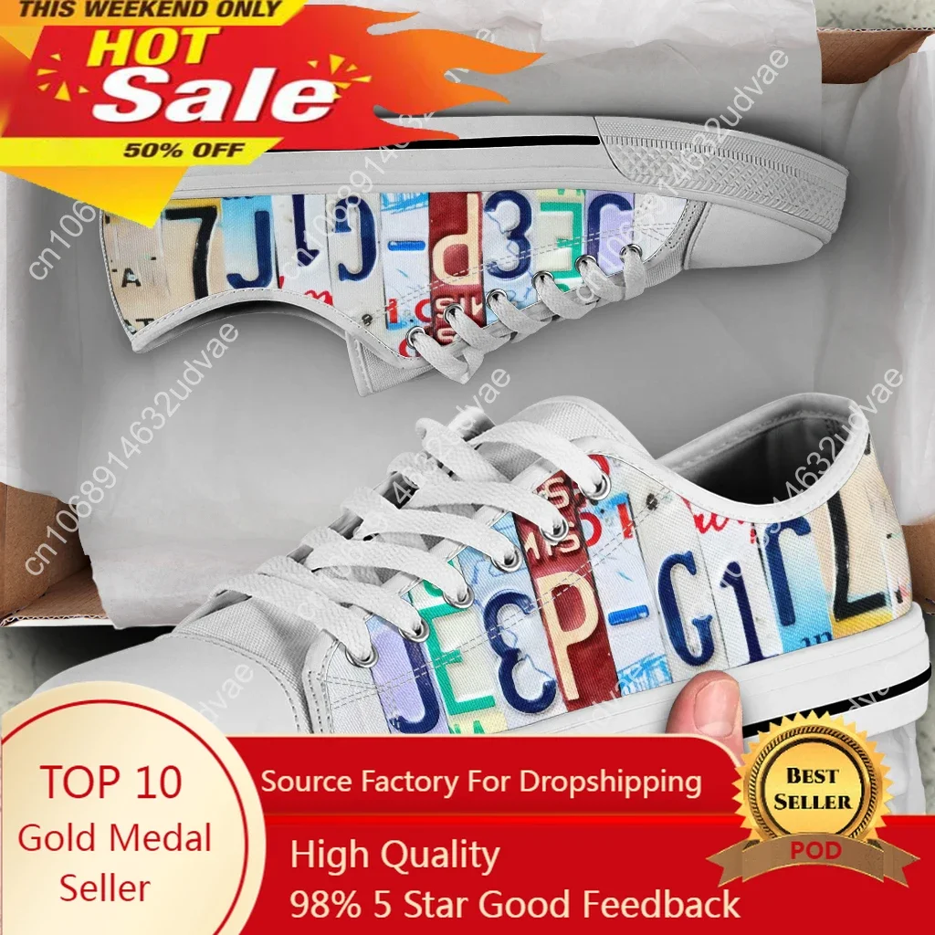 License Plate Jeep Girl Classic White Canvas Shoes Women Sneakers Lace-Up Casual Flat Shoes For Women Zapatos De Mujer