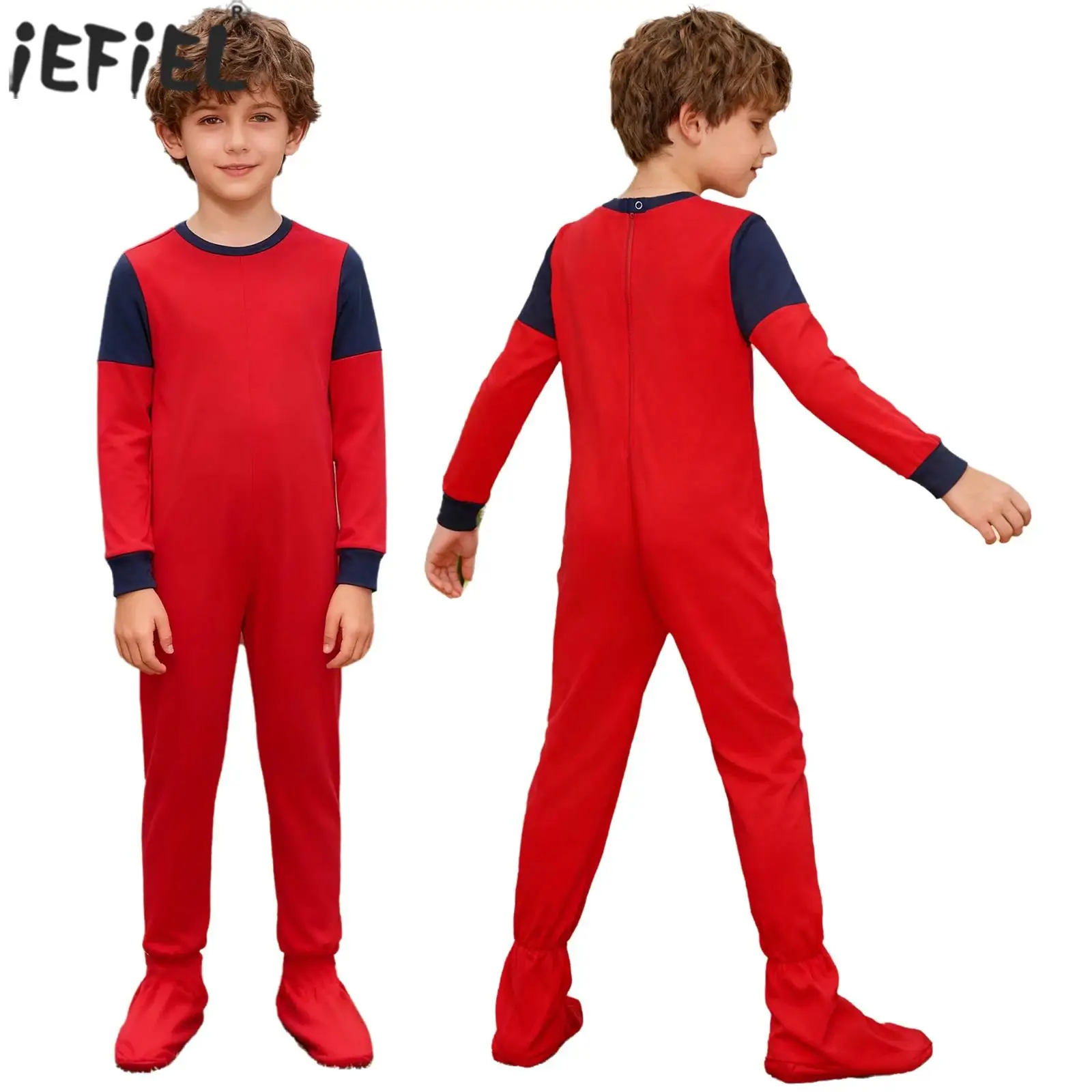 Kids Boys Girls Special Needs Adaptive Clothing Round Neck Long Sleeve Anti-Strip Back Zipper Footed Jumpsuit Full Body Rompers