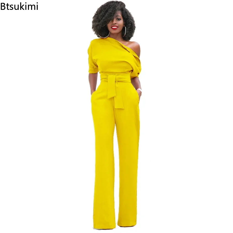 

2024 Spring Autumn Casual Jumpsuit Women Elegant One Shoulder Slash Neck Romper Overalls Full Length Jumpsuit Wide Legs Jumpsuit