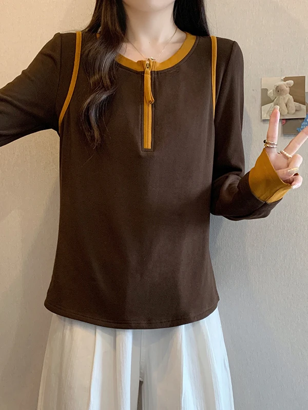 러브 도파인 롱 슬리브 티셔츠 여성용 컬러 블록 베이스 티셔츠 라지 사이즈 여성용 탑 지퍼 라운드 넥 풀오버