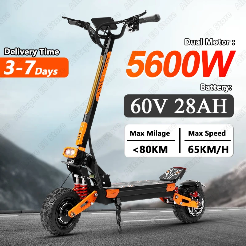 Scooter elettrico Z36 5600W Doppio motore 60V28AH Batteria Velocità massima 65 km/h W/Indicatore di direzione Freno idraulico E-Scooter 11''Pneumatico fuoristrada