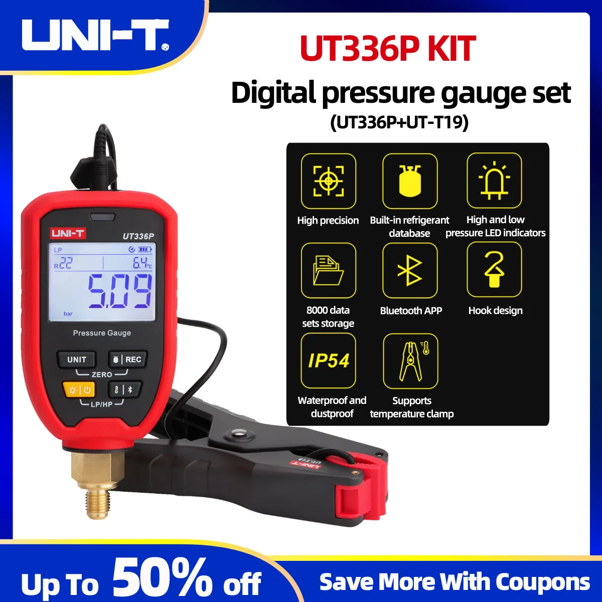 Uni-t Ut336p KIT Ut336p Digital Pressure Gauge with Ut-t19 Temperature Clamp
