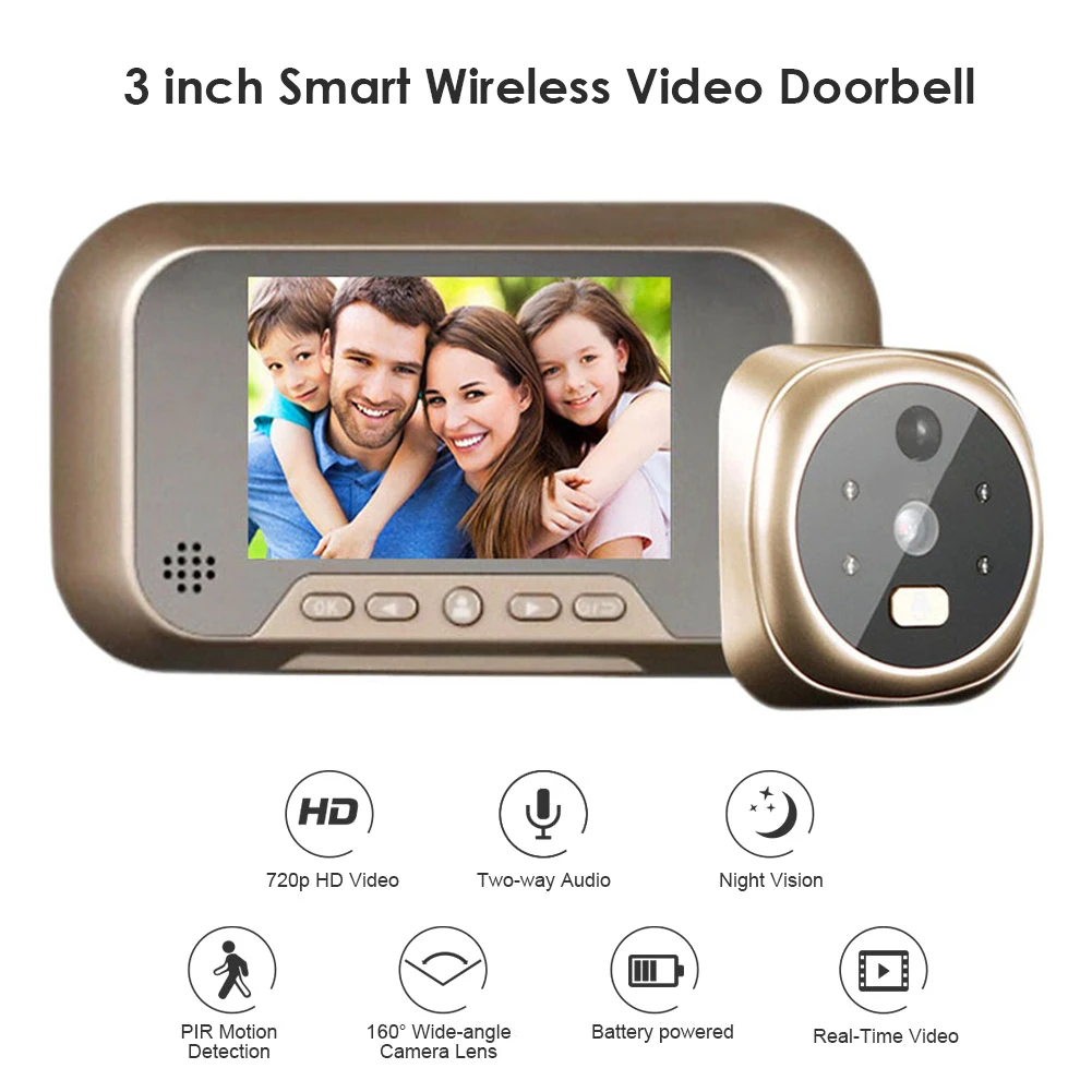 Smart Doorbell Camera LCD Screen Electronic Night Vision Motion Detection Peephole Video Home Security Digital Viewer Door Bell