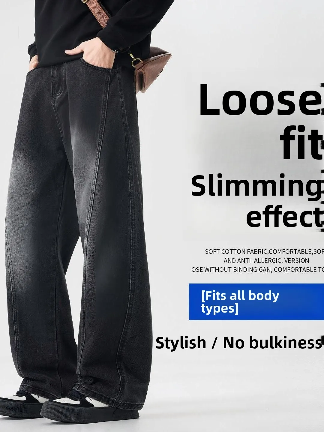 Loose Fit Vintage Street Workwear Jeans Men's Autumn Washed Multiple Pockets Wide Leg Soft Comfortable Breathable Denim Pants