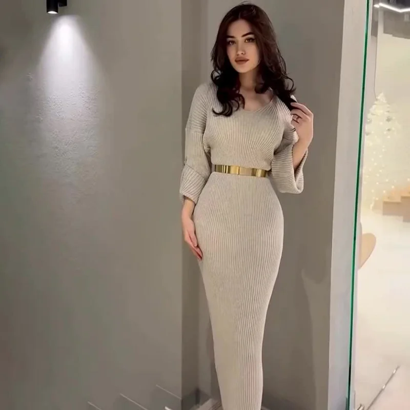 

Autumn and Winter Knitted Pullover New Fashion Intellectual StyleVLong Slim Fit Dress with Collar