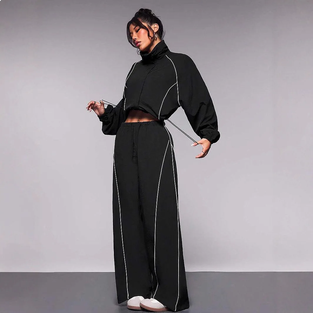 Women's Casual Color Block Drawstring Track Jacket & Pants Matching Set Jumpsuit Playsuit