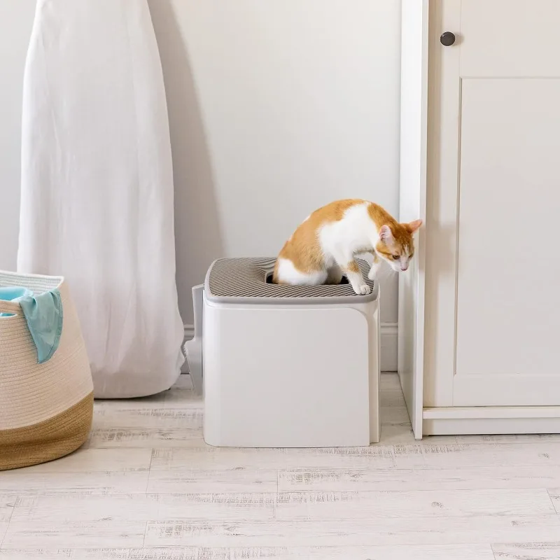 USA Premium Top Entry Cat Litter Box with Scoop, Square Cat Litter Box Enclosure, Kitty Litter Box, White/Gray