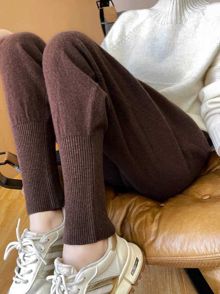 Women Fashion100% Pure Wool Pants Ladies Warm Knitted Soft Skinny Leisure Pants Versatile Horse Boot Trousers