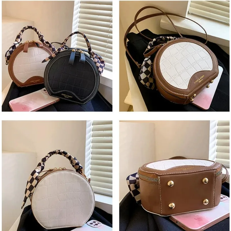 

PU Leather Ladies Silk Scarf Handbags New Stone Pattern Women Small Round Bag Fashion Crossbody Bags Female Shoulder Bags