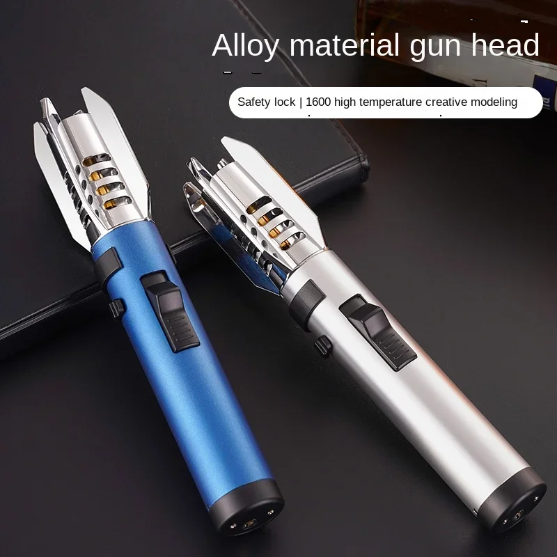 New Metal High-temperature Gun Straight Cigar Butane Inflatable Lighter Outdoor Windproof BBQ Camping Kitchen Ignition Tools