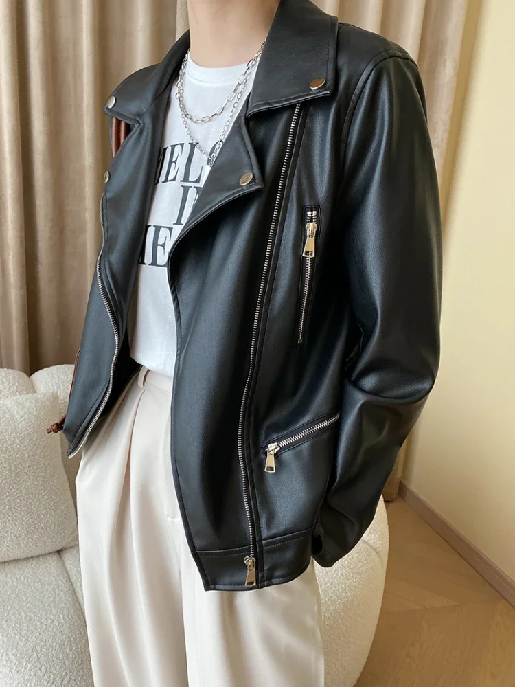 Veste de moto en cuir PU pour femme avec ceinture, manteau monochrome décontracté, streetwear tendance simple, printemps et automne 2024