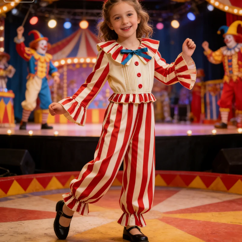 Kids Carnival Disguise Joker Cosplay Costume Red Striped Jumpsuits Boys Girls Clown Halloween Party Stage Performance Dress Up