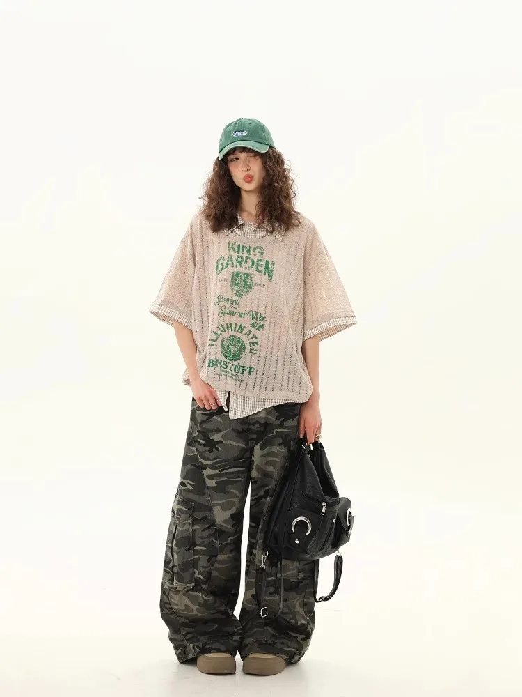 Camisa Vintage falsa de dos piezas para mujer, Top de manga corta estilo universitario Retro americano, blusa de gran tamaño para verano 2025, camiseta de calle