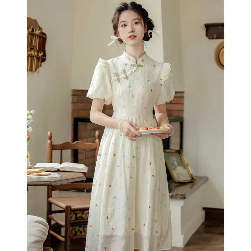 Improved cheongsam, new Chinese style retro buckle, small stature bubble sleeve dress, women's summer long skirt