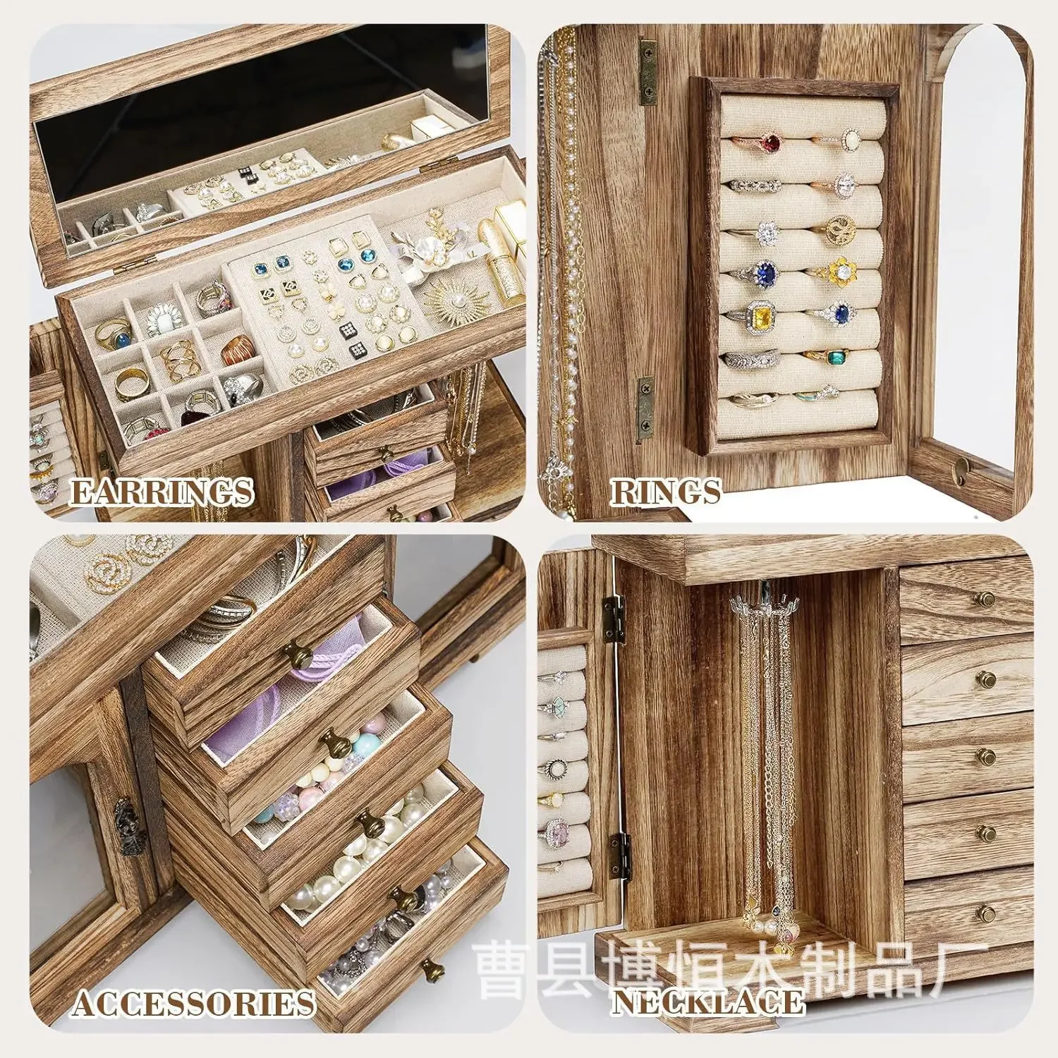 DSAWooden Jewelry Box Multi-layer Storage Transparent Cover Display Cabinet Drawer Finishing Box