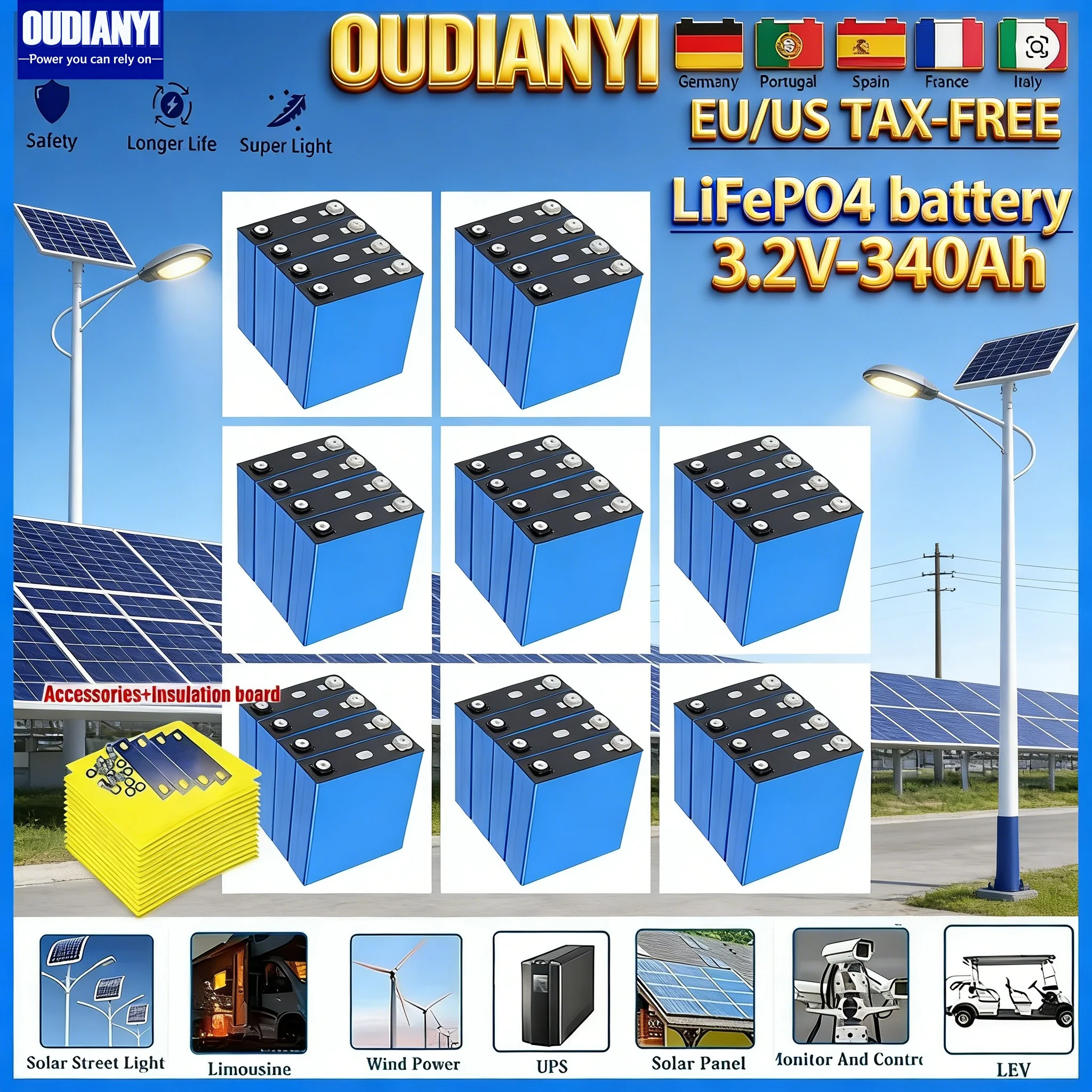 

【Battery Factory】10000 Cycles 3.2V 340Ah Lifepo4 Rechargeable Battery Grade A DIY12V 24V 48V RV EV duty-free