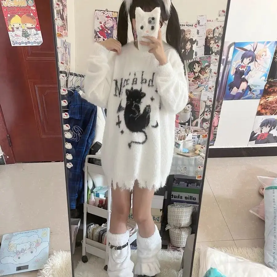 

Американский Ретро Аби Культурный круглый трикотаж Ne Дизайн с отверстиями Lazy Sle Student Y2K Свитер Топ на осень и зиму