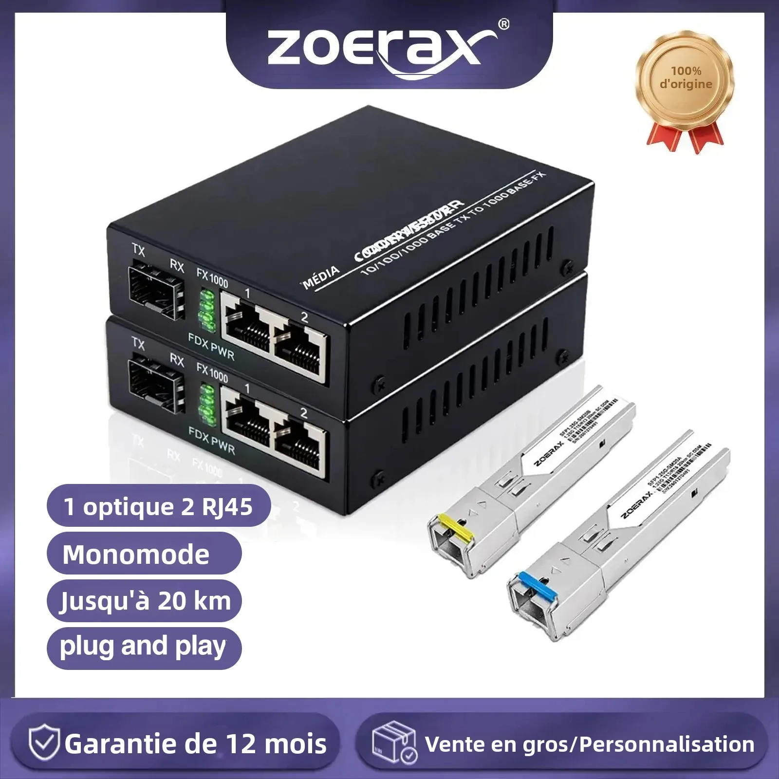 Convertisseur de média Ethernet Gigabit ZoeRax, 1 port fibre SC, 2 ports RJ45, transceiver SFP monomode 1,25 G, prend en charge jusqu'à 20 km
