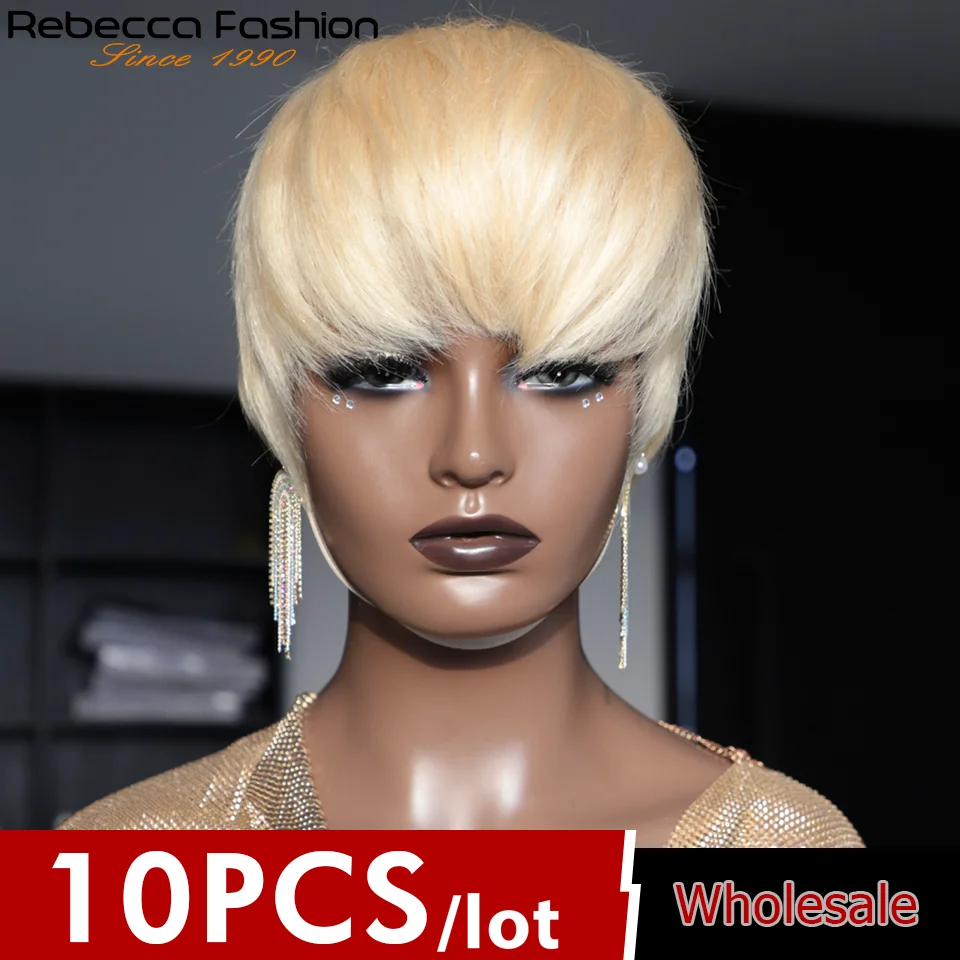 Cheap Blonde Color Brazilian Hair Bob Wig With Bangs Short Pixie Cut Straight Glueless Machine Made Human Hair Wigs For Women