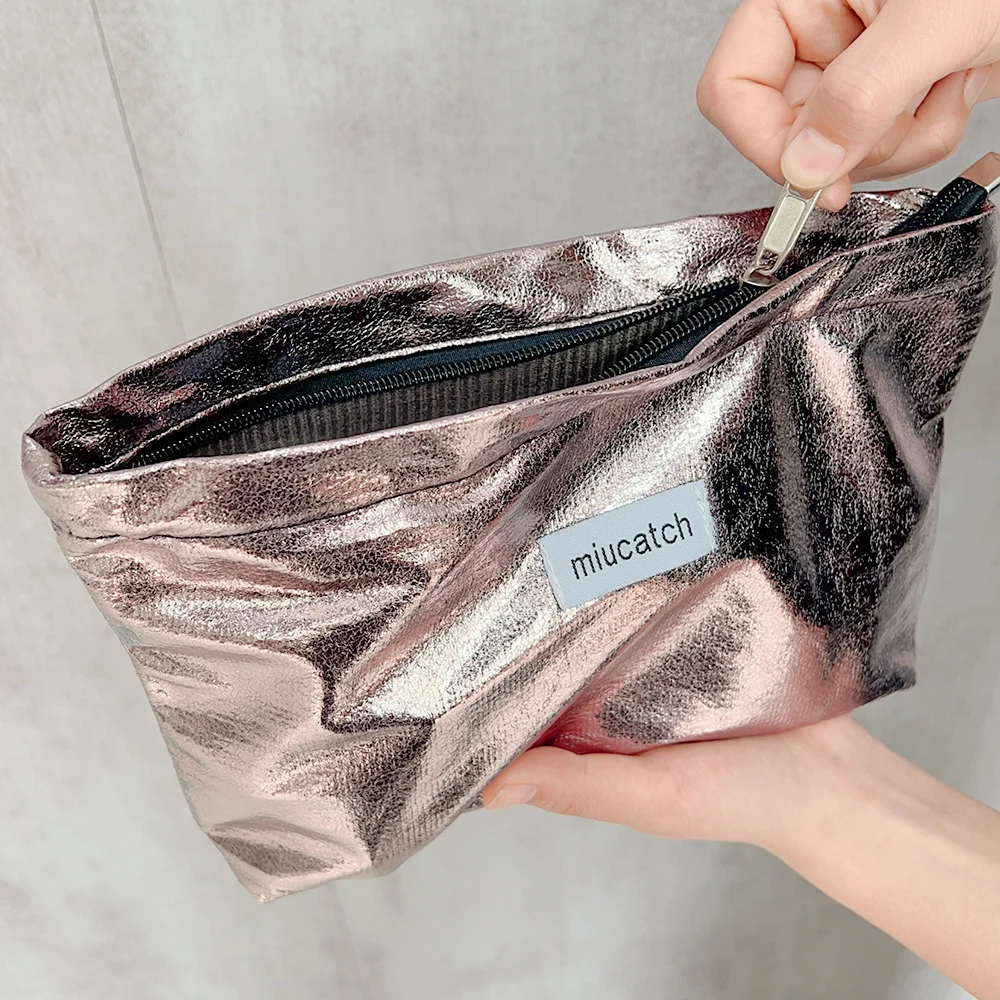 Simple Shiny Sequins Silver Clutch Cosmetic Handbag Makeup Bag Portable Women Toiletries Skincare Storage Bag Organizer Pouch