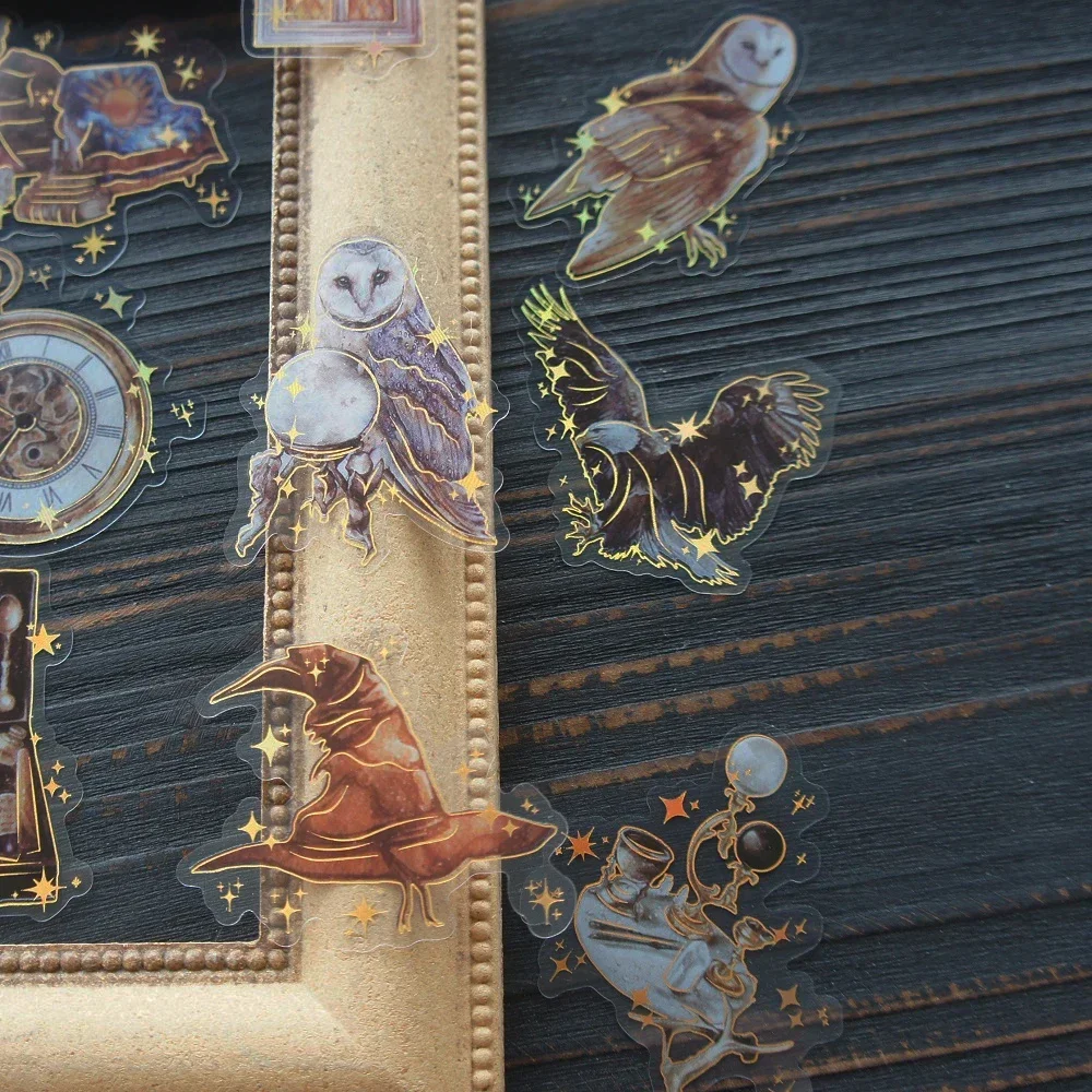 

10 Sheets Gold School of Magic Begins Owl Books Design PVC Sticker Gift Tag Decoration Scrapbooking DIY Sticker