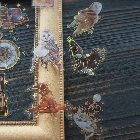 10 Sheets Gold School of Magic Begins Owl Books Design PVC Sticker Gift Tag Decoration Scrapbooking DIY Sticker