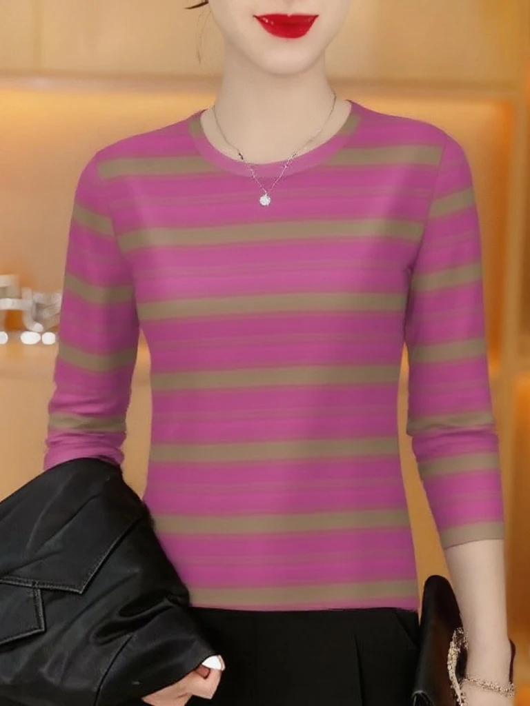 

Elegant Striped Long Sleeve T-Shirt Women Loose round Neck Mom Style Ageless Slimming Middle-Aged And Elderly Fashion