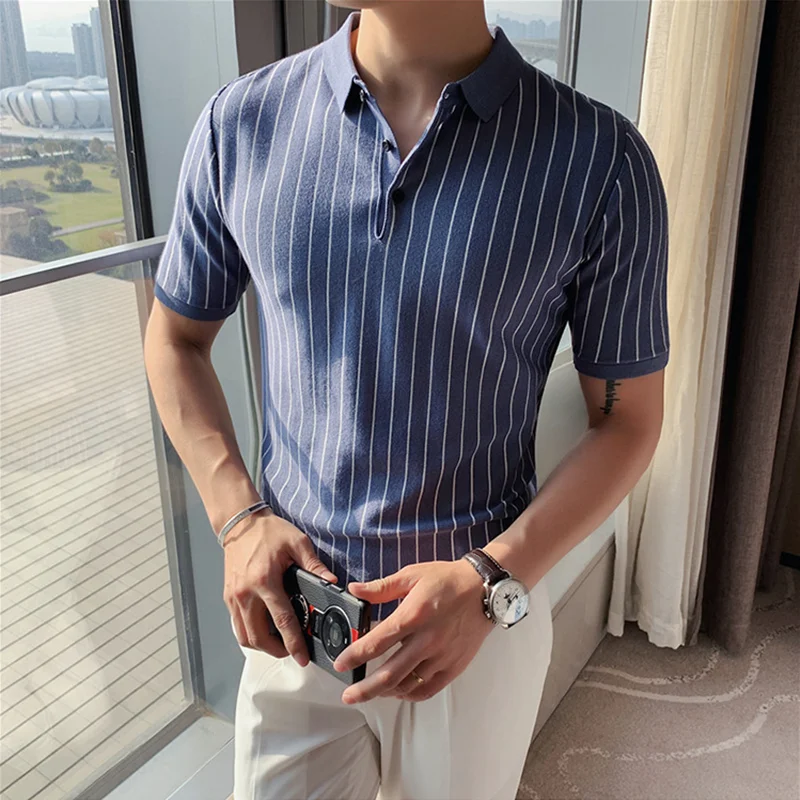 British Style Summer New Vertical Stripes Men Polo Shirt Short-Sleeved Slim Fit Lapel Stretch Knitted T-shirt Plus Size 4XL-M