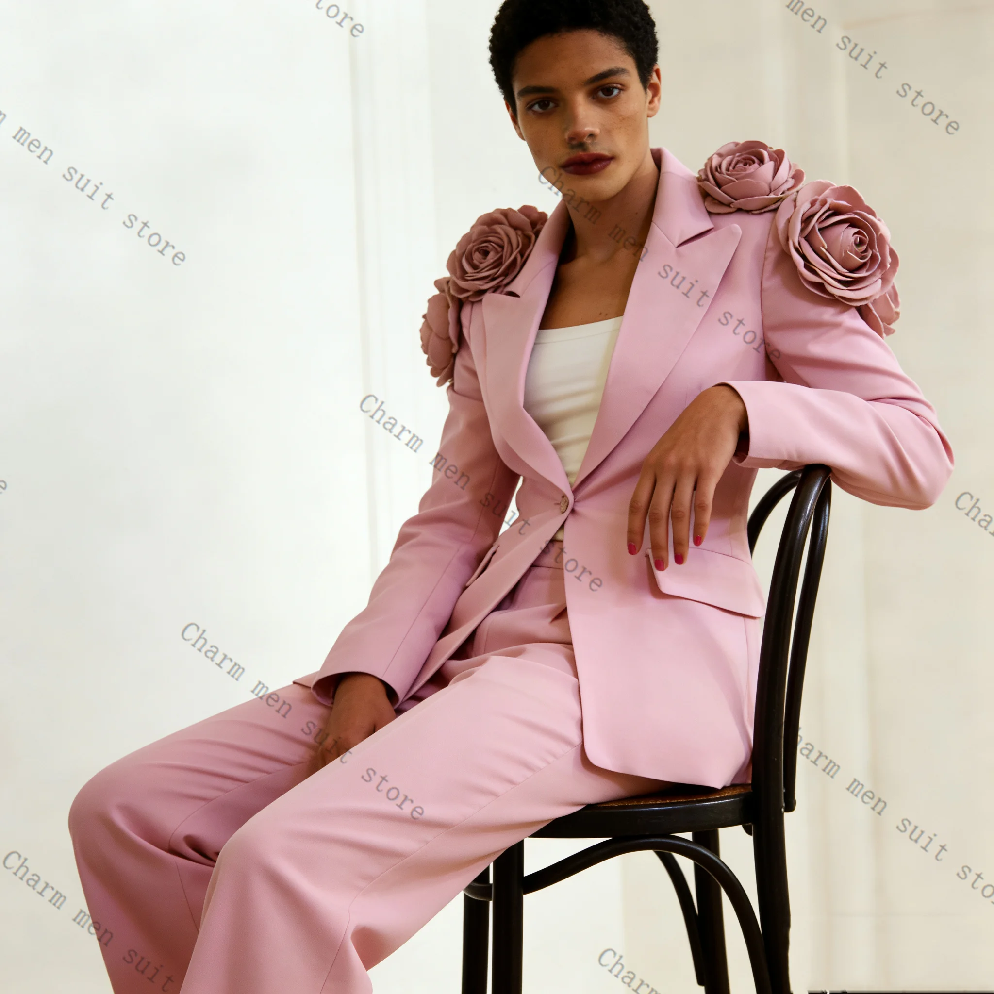 

Pink Spring Men Suits Set 2 Pcs Blazer+Pants Trousers Luxury 3D Flower Wedding Tuxedo Formal Office Business Groom Jacket Coat