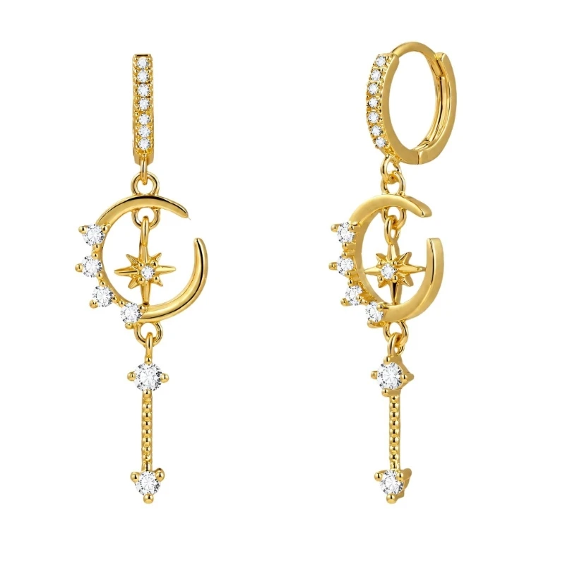 HXBF Moon and Star Dangling Earrings with Coordinated Mismatched Designs, Micro-Set Rhinestones Detail, and Tiered Chain Drops