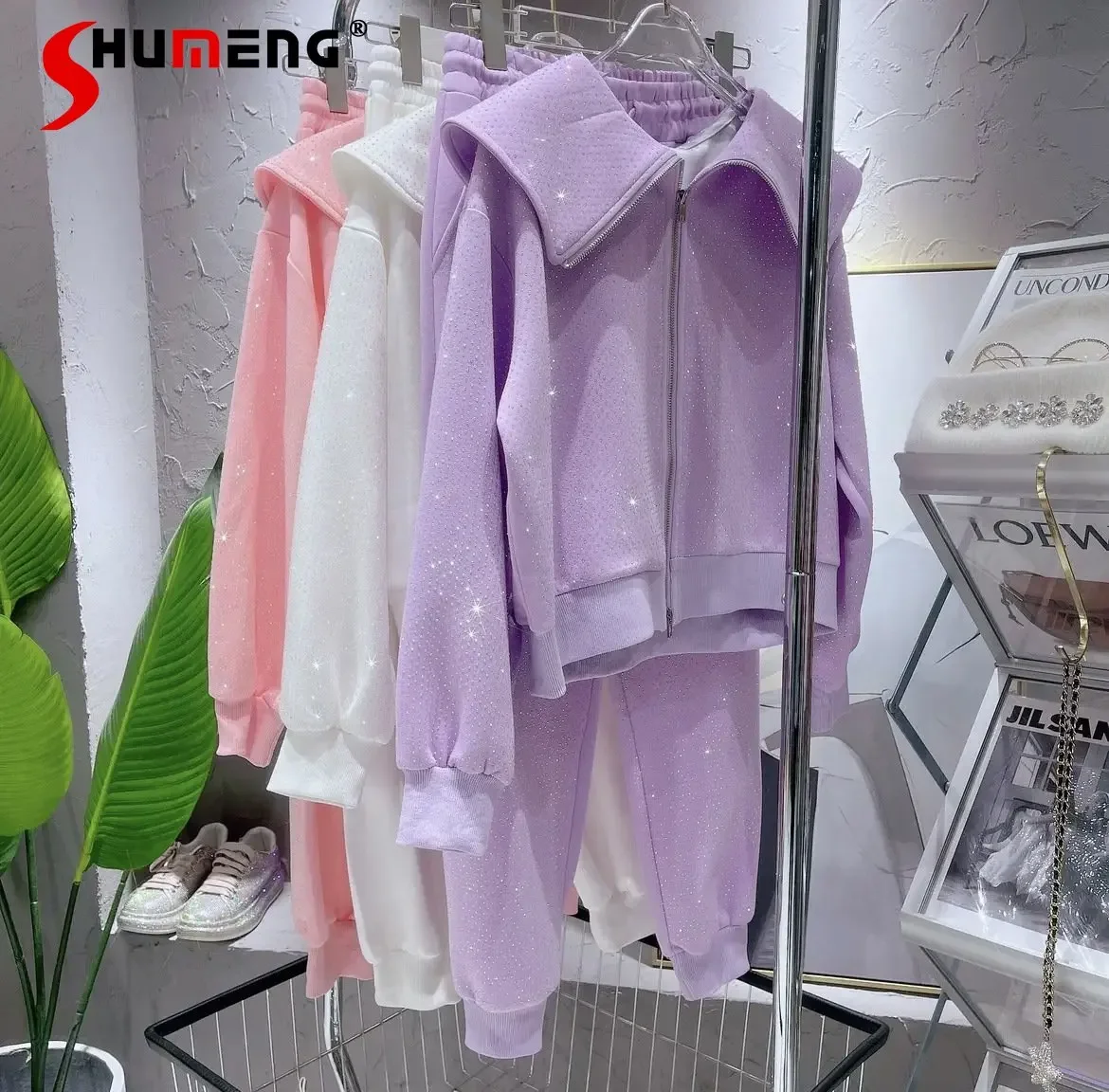 2023 Spring Autumn Loose Starry Hot Drilling Casual Sweatshirt Coat Casual Sweatpants Sports Pants Two-Piece Women's Clothing