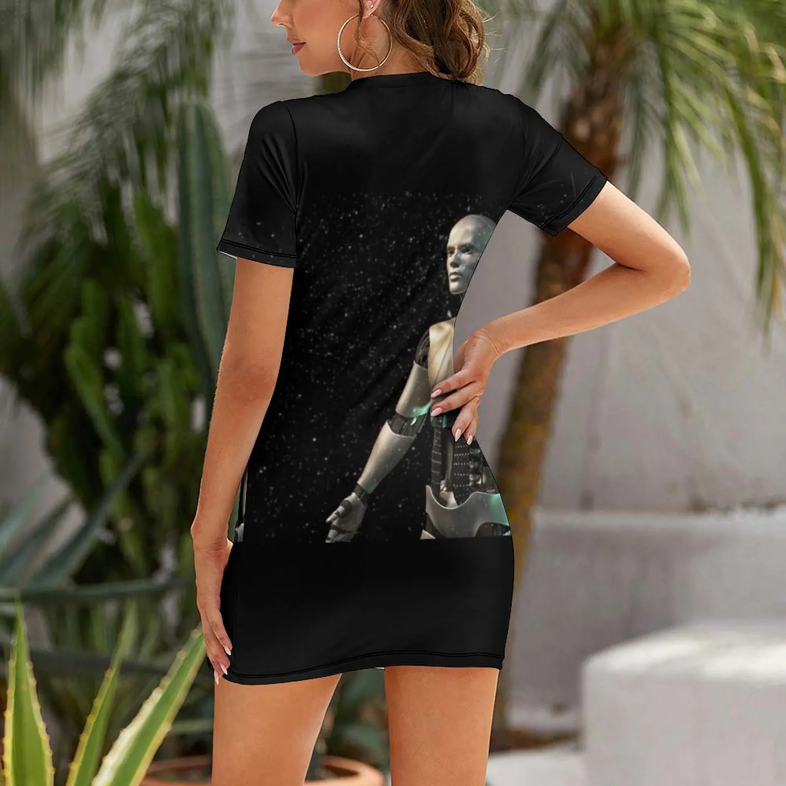 futuristic robot, shiny android man surrounded by glittery dust Short Sleeved Dress Dress women