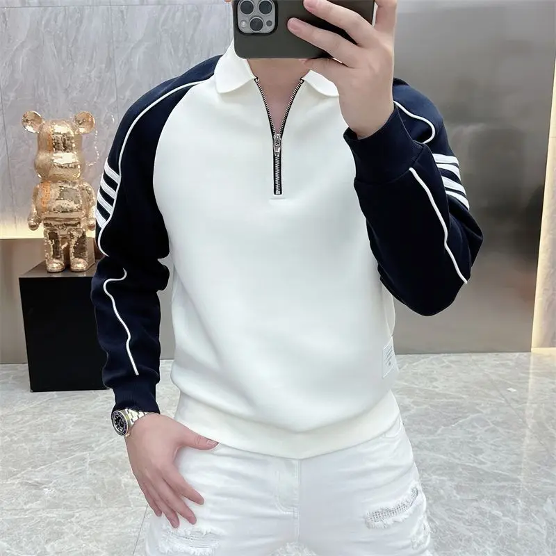 

Autumn Men Panelled Bottoming Sweatshirts Personality Trendyol Slim Chic Half Open Collar Long Sleeve Panelled Casual Hoodies