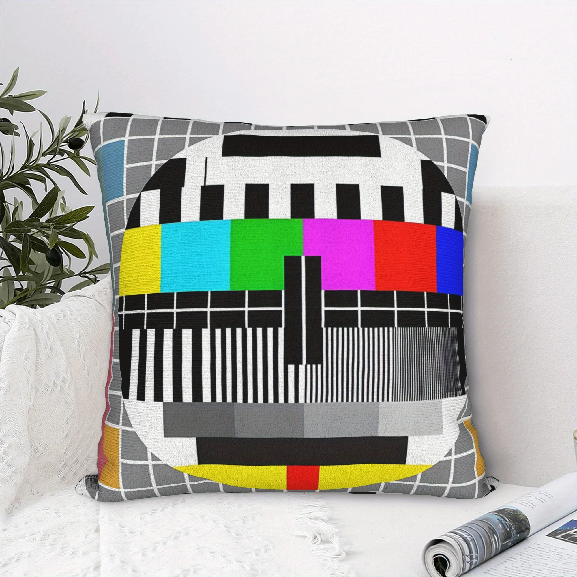 1pc 2D Flat Pillow Not Included Retro TV Test Pattern Color Bars Cushion Cover Short Plush Vintage Decor Trendy Gift Case