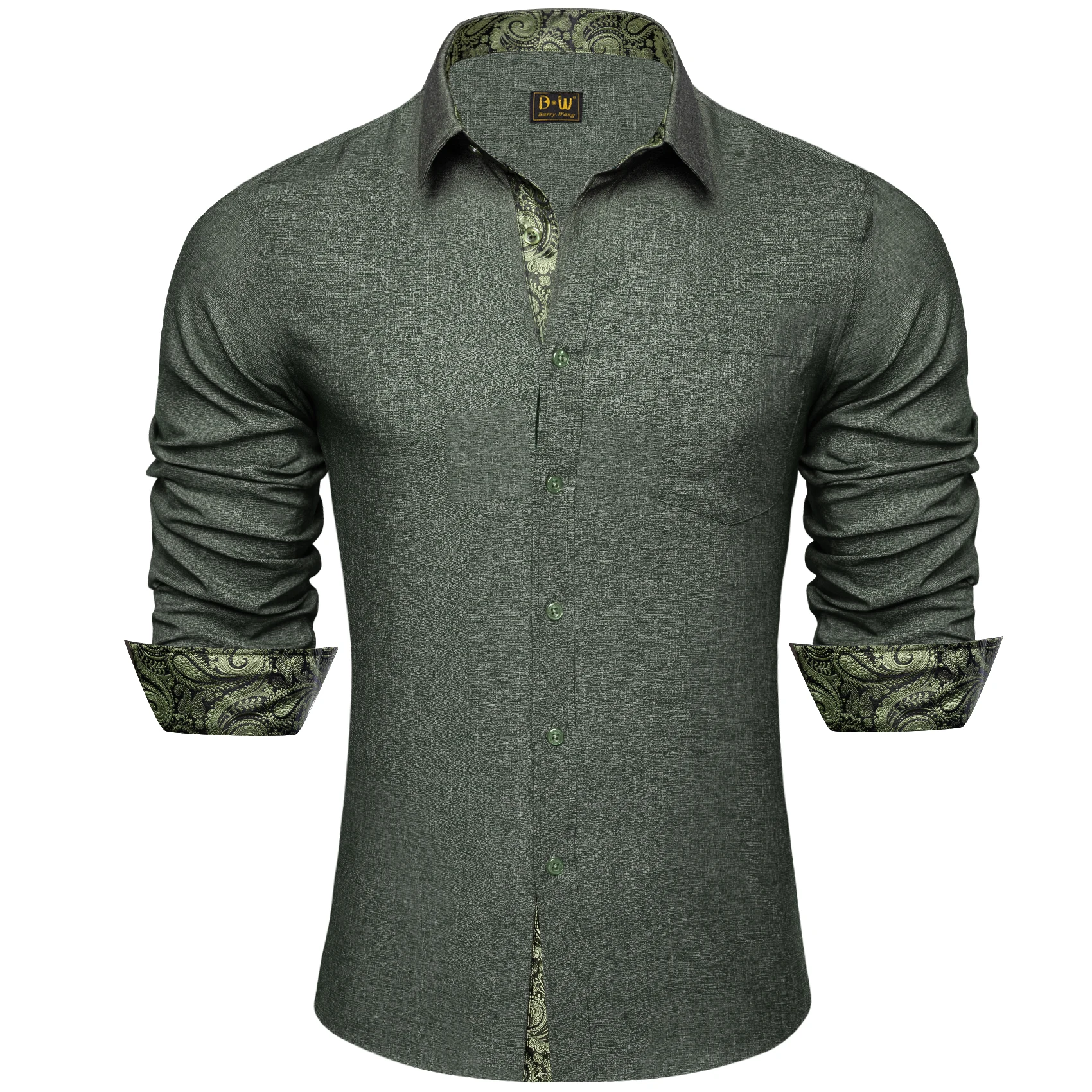 Button Down Men Long Sleeve Dress Shirt Contrast Floral Paisley Printed Cuff Lining Casual Business Shirts with Chest Pocket