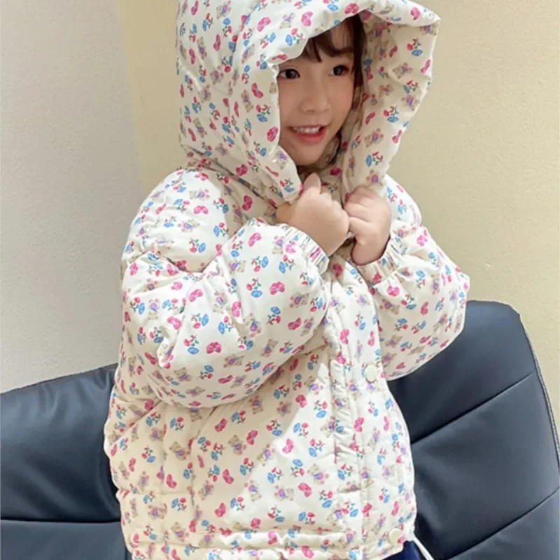 

Fashion Floral Print Baby Girl Hooded Jacket Infant Toddler Cotton Padded Coat Thick Outwear Clothes 1-10Y Winter Warm Matching