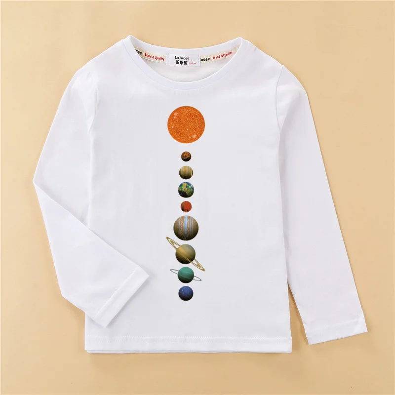 Kids Casual T-shirt Solar System Pattern Tops Baby Boys Cotton Fashion Shirt 3-14T Children Long Sleeved Tees