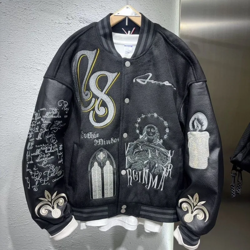 

Embroidery Baseball Bomber Jacket Men Spring Autumn Varsity Jacket Spliced Leather Sleeves Streewear Baseball Coats Men Clothes