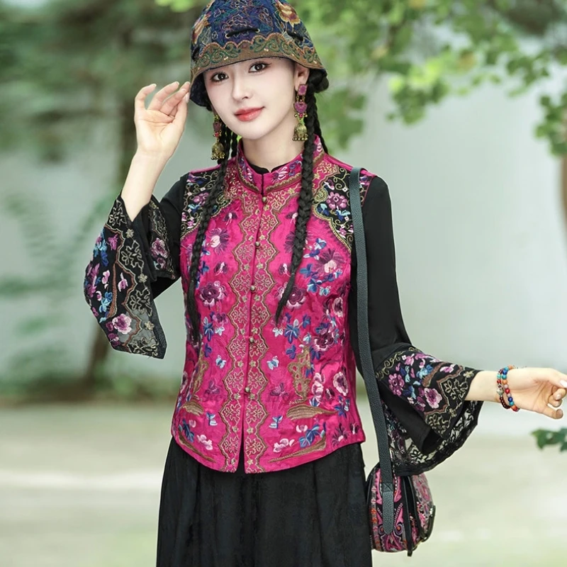 

2026 китайские винтажные топы ханьфу с национальной цветочной вышивкой, атласный жаккардовый жилет в стиле ретро, воротник-стойка, народный жилет, куртка без рукавов